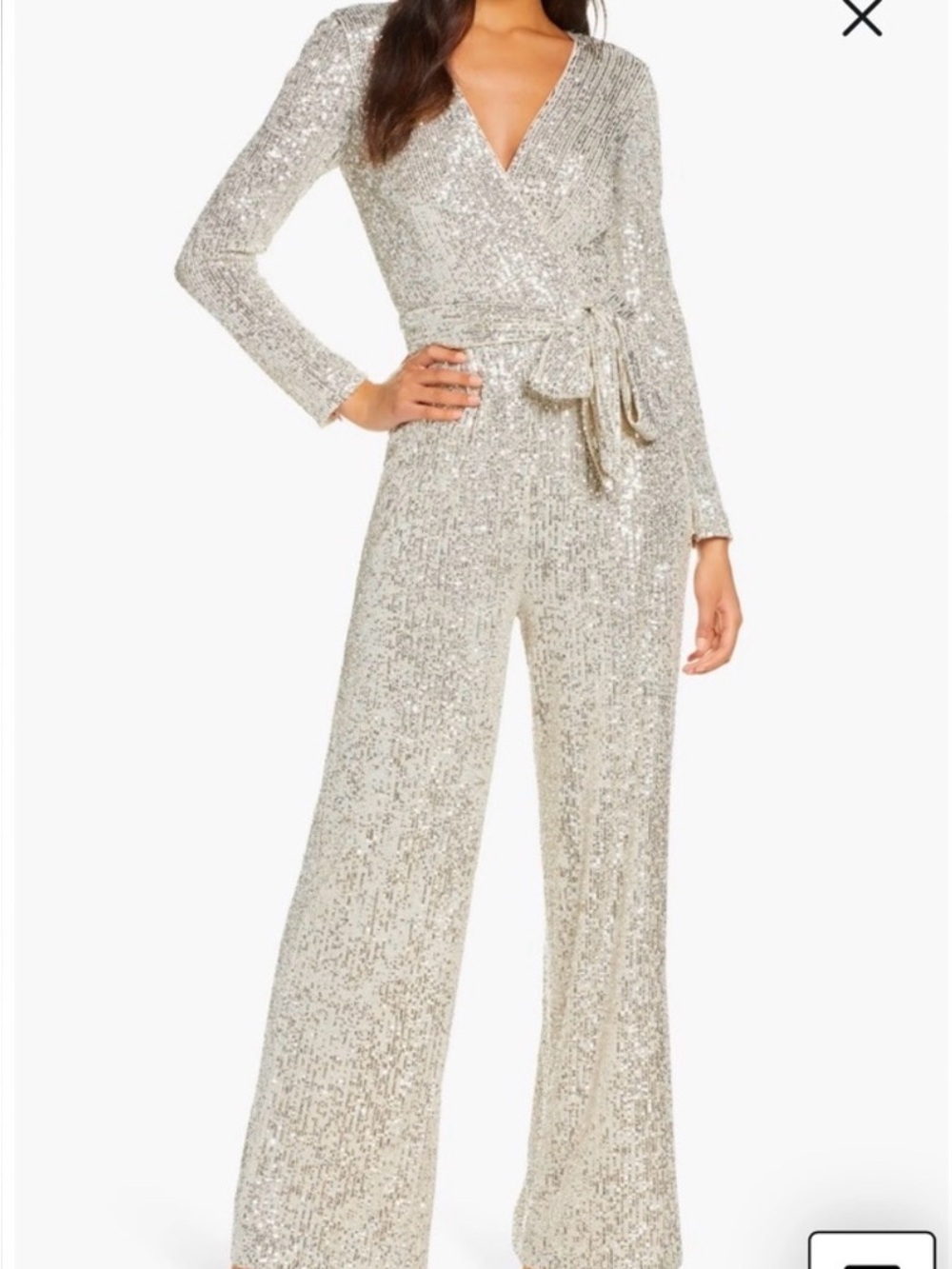 Eliza J Silver Sequin Belted Jumpsuit, Long-Sleeve - Size 10